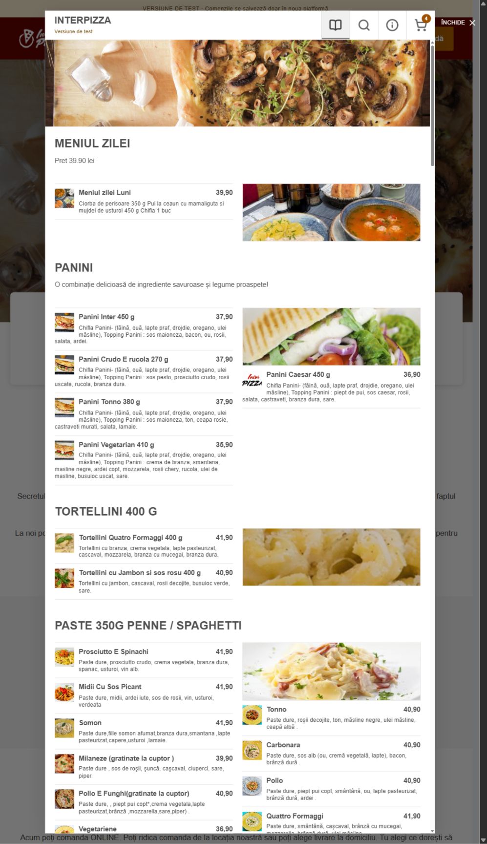 InterPizza online menu with pizza categories and products on the restaurant platform